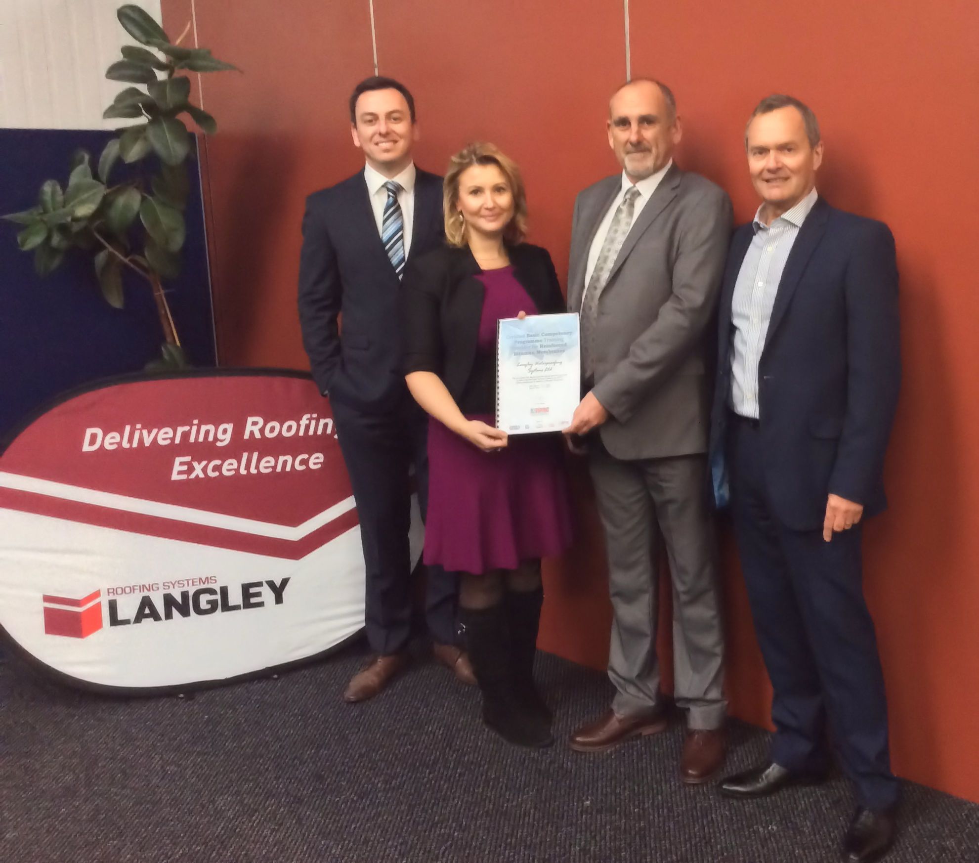(L–R) Mike Smith, head of technical at Langley; Livia Williams MBA, FIoR, head of training at the NFRC; Mark Dunn, learning and development manager at Langley; John Austine, technical director at Langley