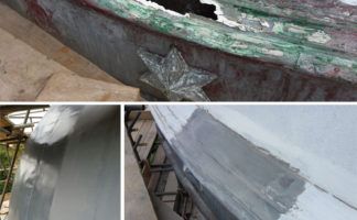 The mosque roof before, during and after the refurbishment