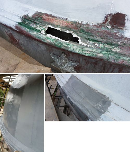The mosque roof before, during and after the refurbishment