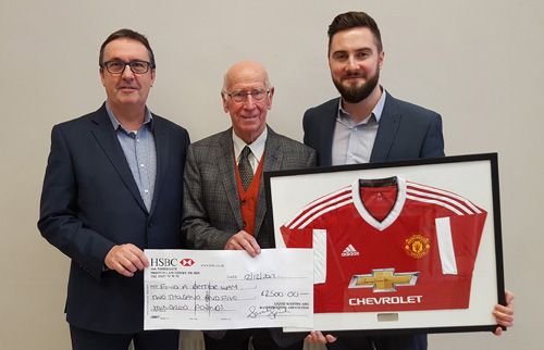 Left to right:  Cliff Weston, LRWA chairman, Sir Bobby Charlton, founder of Find A Better Way charity and David Broom, director of Moy Materials.