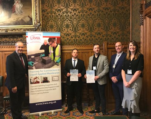 Left to right: David Hanson MP; Dean Stafford, the 500th BCP trainee; Darren Runnicles the 750th candidate; Daren Fraser from Langley Waterproofing, and Sarah Spink, CEO of the LRWA.  