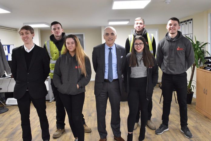 Chris Williamson MP (centre) with Browns’ apprentices Brad, Ellie, Shannon & Charlie (front row) and Conor & Malcolm (back row).