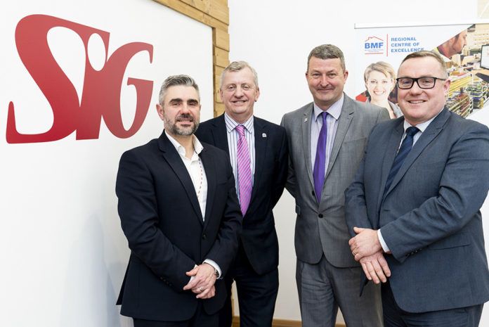 Pictured L-R: Mark Clark (SIG director of national accounts), John Newcomb (BMF CEO), Mark Terry (BMF regional manager) Steven Green (SIG national account manager – merchants)