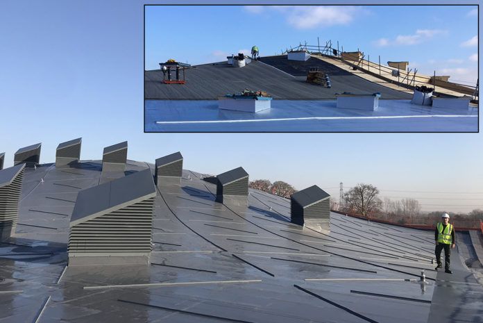 An inspiring new sports facility at St. George's Weybridge features a stunning curved Sika Sarnafil single ply membrane roof. (Image Insert: Work in progress on the facility’s tree canopy-like roof structure).