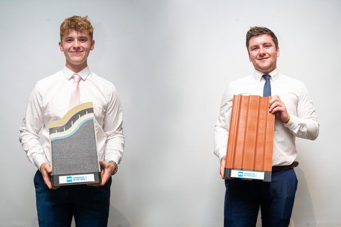 Left to right: Oscar Miller and Matthew Ford, both from Leeds College of Building, have been crowned the Icopal and Redland Apprentices of the Year 2019 respectively