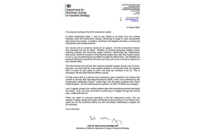 The letter from Rt Hon Alok Sharma MP