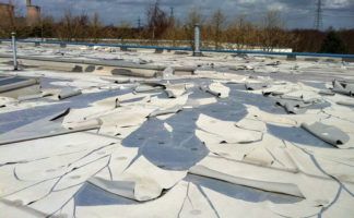 Plasticisers have migrated from the membrane due to its direct contact with polystyrene insulation. This has resulted in a loss of protection to UV light, making the product unstable and brittle. A complete membrane failure