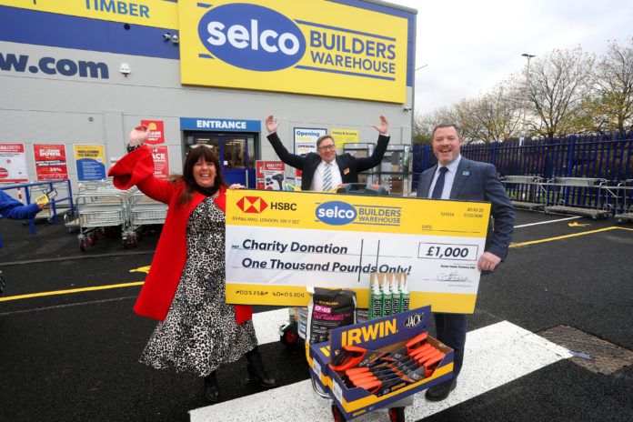 Left to right: Alison Taylor (Salford Women’s Centre manager), Kevin O’Rourke (Selco Salford branch manager) and Stuart Chamberlain (Selco Builders warehouse regional director)