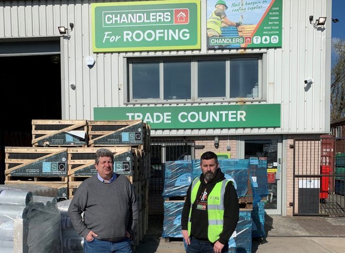 Wayne Wills of Ashford and Cranbrook Roofing with Kieron Plunkett of Chandlers Roofing Supplies, Rye branch, launch The Roof Renewal Project 2021 to help charities and community groups