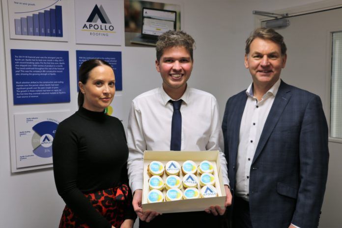 Apollo chairman, Jon Saunders (R) and Apollo HR manager, Amie Webb (L) celebrate Living Wage Week with Ben Whitehouse, one of the attendance bonus recipients, at Apollo’s recent half-year business briefing event.