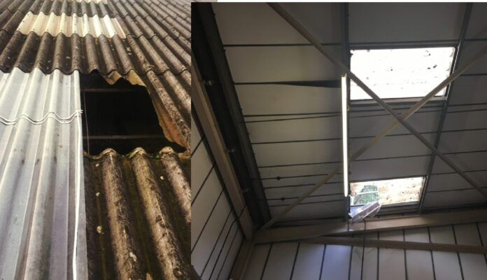 (Left) The roof Billy had been working on. (Right) The roof of the unit at Plasmarl Industrial Estate.