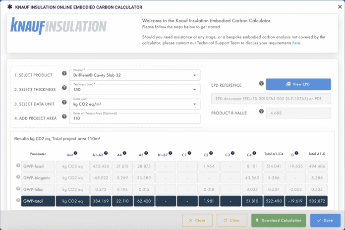 The calculator provides embodied carbon results instantly by weight, area and total project size, avoiding the need for additional manual calculations. Knauf Insulation